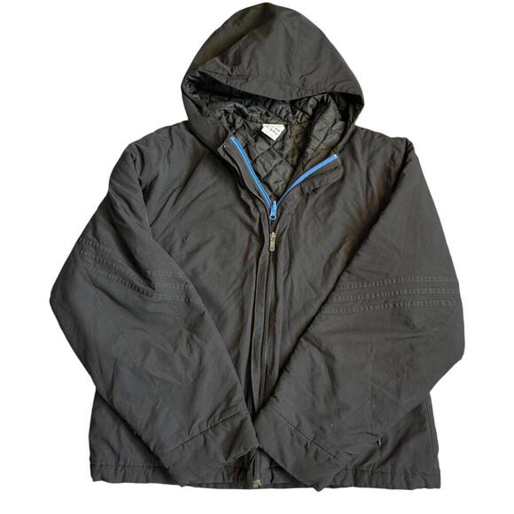 Adidas Vintage Black Quilted Hooded Jacket XL Blue Zip 2000s Y2K Streetwear - Picture 1 of 8